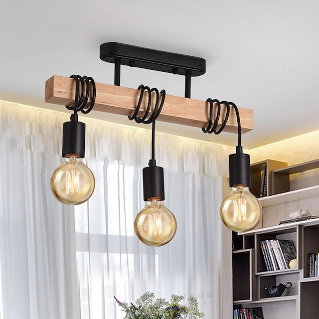 led pendel industrielt træ med 3 hoveder justerbar pendel lysekrone vintage semi plan loft lys stue e27 pære drop lys køkken spi