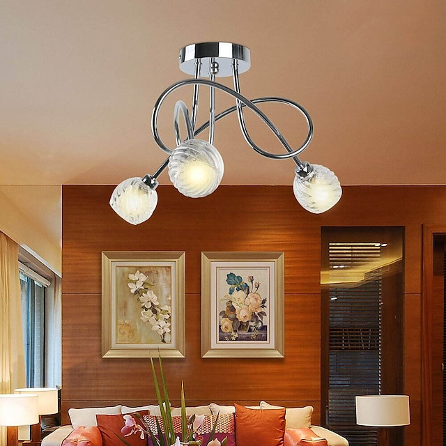 loftslampe 3-vejs moderne spotLyss med buet arm til stuen semi-flush mount armatur spotLys poleret krom med glasskærme (g9 pærer