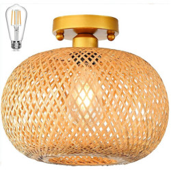 led loftslampe rattan boho lysarmaturer loftsmontering, rattan semi flush mount loftslampe med håndvævet bur lampeskærm, moderne