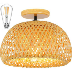 led loftslampe rattan boho lysarmaturer loftsmontering, rattan semi flush mount loftslampe med håndvævet bur lampeskærm, moderne
