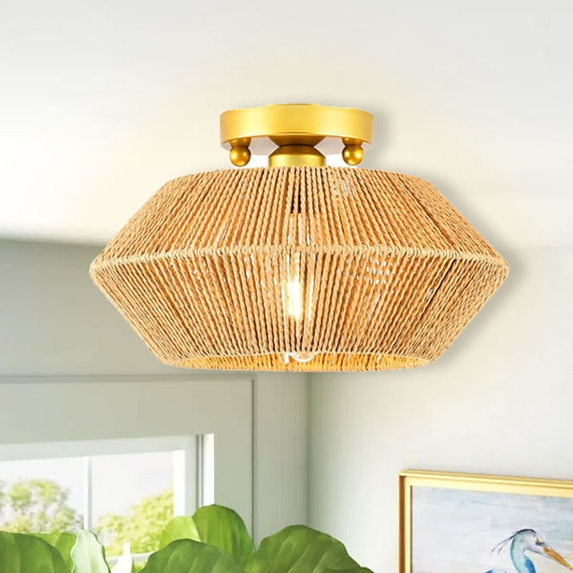 led loftslampe rattan boho lysarmaturer loftsmontering, rattan semi flush mount loftslampe med håndvævet bur lampeskærm, moderne