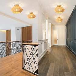 led loftslampe rattan boho lysarmaturer loftsmontering, rattan semi flush mount loftslampe med håndvævet bur lampeskærm, moderne