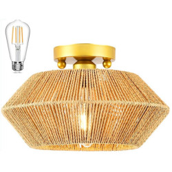 led loftslampe rattan boho lysarmaturer loftsmontering, rattan semi flush mount loftslampe med håndvævet bur lampeskærm, moderne