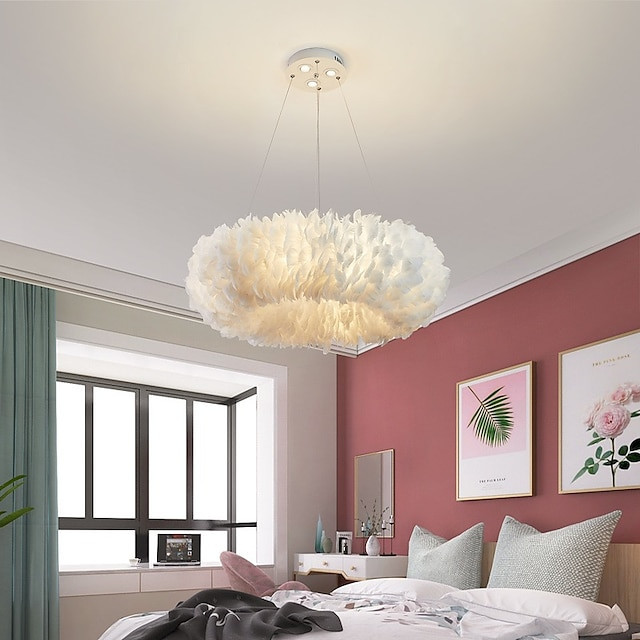 led pendel lysekrone lækker ekstra stor 50cm 6-lys hvid fjerbuket pendellampe romantisk monteret lysarmatur til restaurant sovev