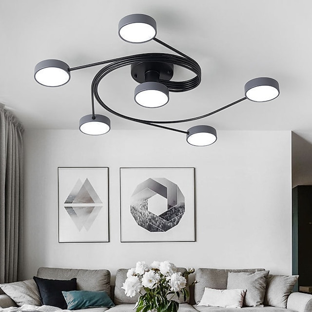 moderne semi flush mount loftslampe cirkulær akryl 4/6 hoveder led loftslampe nordisk grå sputnik lysarmatur med træ dekoration